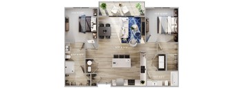 Top down floorplan view of the Leeward layout showing kitchen, living area, bedrooms and bathroom at The Harbor.