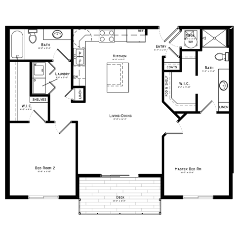 A floor plan of a house with a living room, kitchen, and two bedrooms.