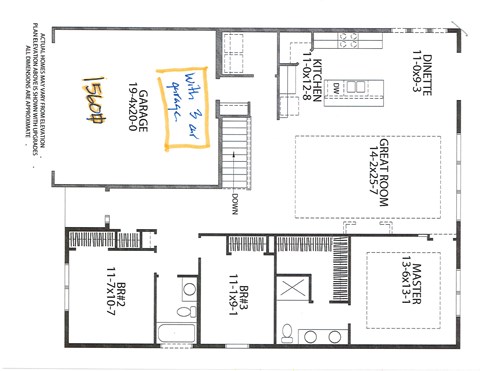 A floor plan of a house with a garage and a master bedroom.