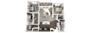 A 3D rendered image of a house layout.