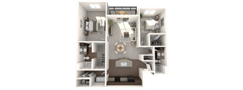 A 3D floor plan of a house with a living room, kitchen, and two bedrooms.
