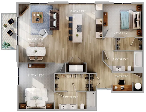 A detailed floor plan of a two-story apartment with precise measurements for each room.