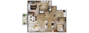 Top down floorplan view of the Windward layout showing kitchen, living area, bedroom and bathroom at The Harbor.