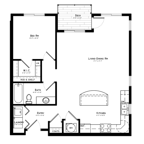 A floor plan of a house with a deck and a living-dining room.