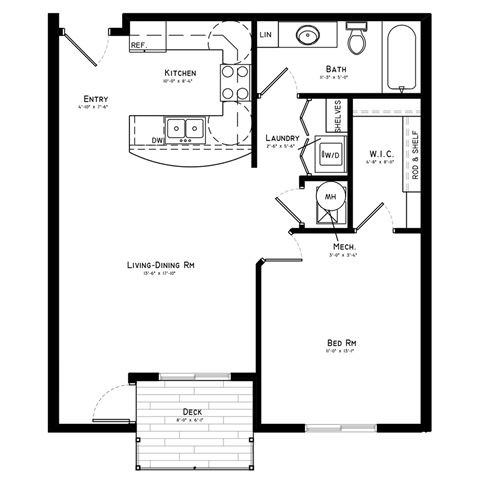 A floor plan of a living space with a kitchen, bathroom, and bedroom.
