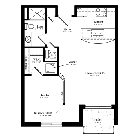 A floor plan of a living-dining room with a kitchen, bathroom, and laundry area.
