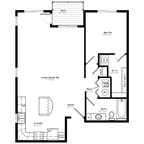 A floor plan of a house with a living room, kitchen, and bedrooms.