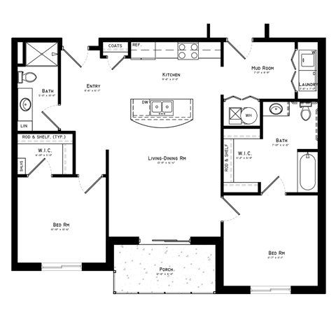 A floor plan of a house with a living room, kitchen, and bathroom.