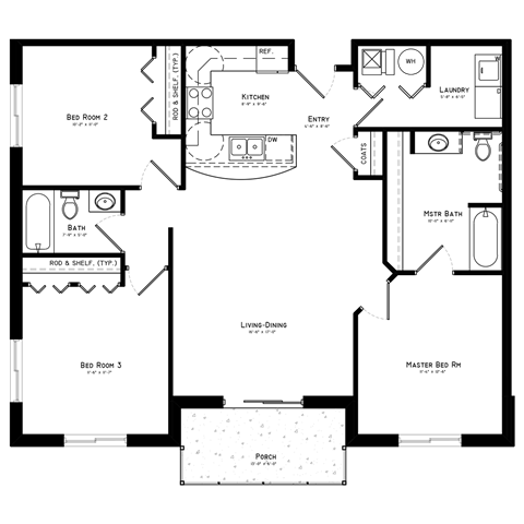 A floor plan of a house with labeled rooms such as Bedroom 2, Kitchen, and Bath.