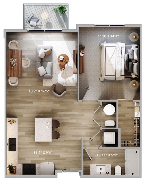 A floor plan of a small apartment with a living room, kitchen, and bedroom.