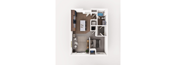 Top down floorplan view of the Brasswood layout showing kitchen, living area, bedroom, bathroom and laundry at Heartland Flats Alliance.