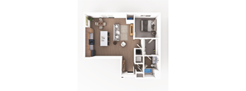 Top down floorplan view of the Aspen layout showing kitchen, living area, bedroom, bathroom and laundry at Heartland Flats Alliance.