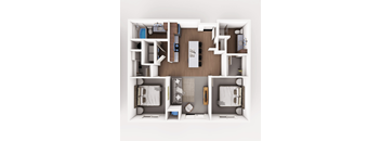 Top down floorplan view of the Ironwood layout showing living area, kitchen, bedrooms, bathrooms and laundry at Heartland Flats Alliance.