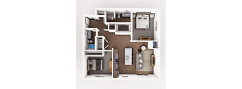 Top down floorplan view of the Willow layout showing living area, kitchen, bedrooms, bathrooms and laundry at Heartland Flats Alliance.
