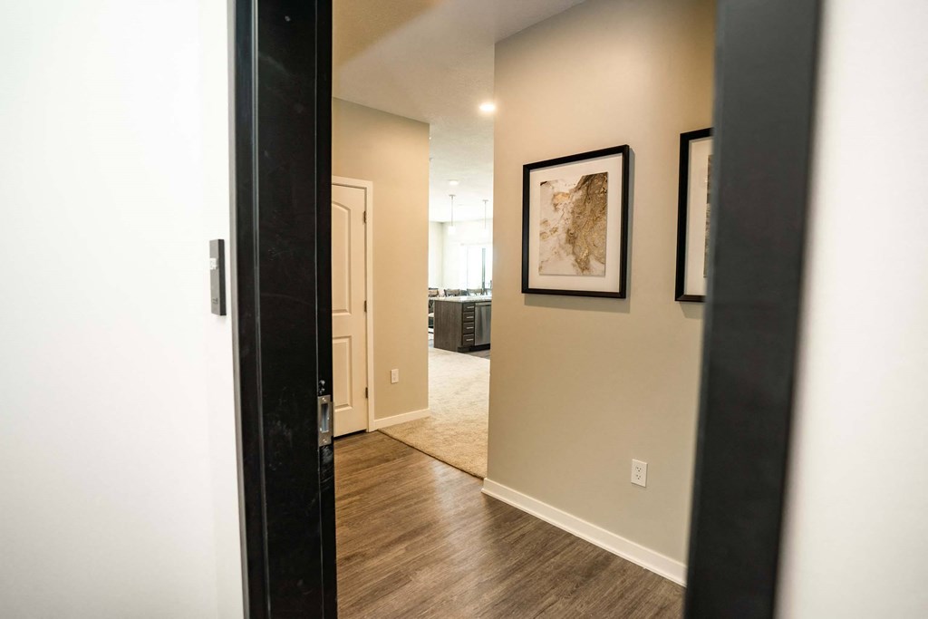 A hallway with a brown rug and two pictures on the wall.