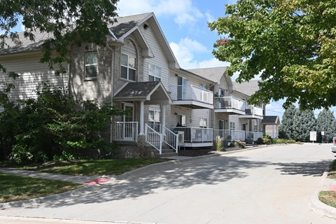A row of houses with a tree in front of them.
