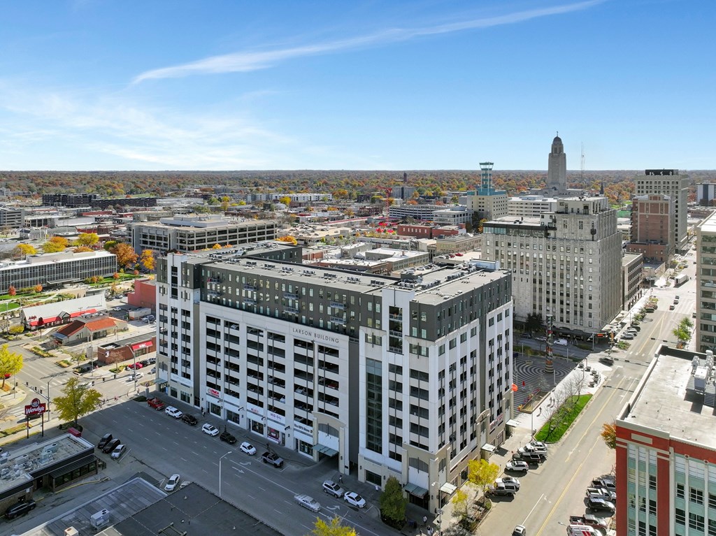 an aerial view of a large building in a city at Parkhaus Apartments, Lincoln, Nebraska