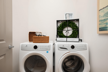 Two washing machines with a clock and a basket on top.at Converge KC Uptown, Missouri