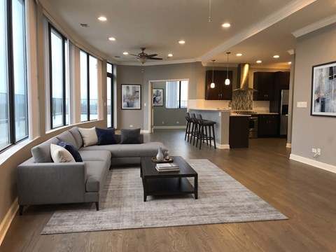 A modern living room with a grey sofa and a coffee table.