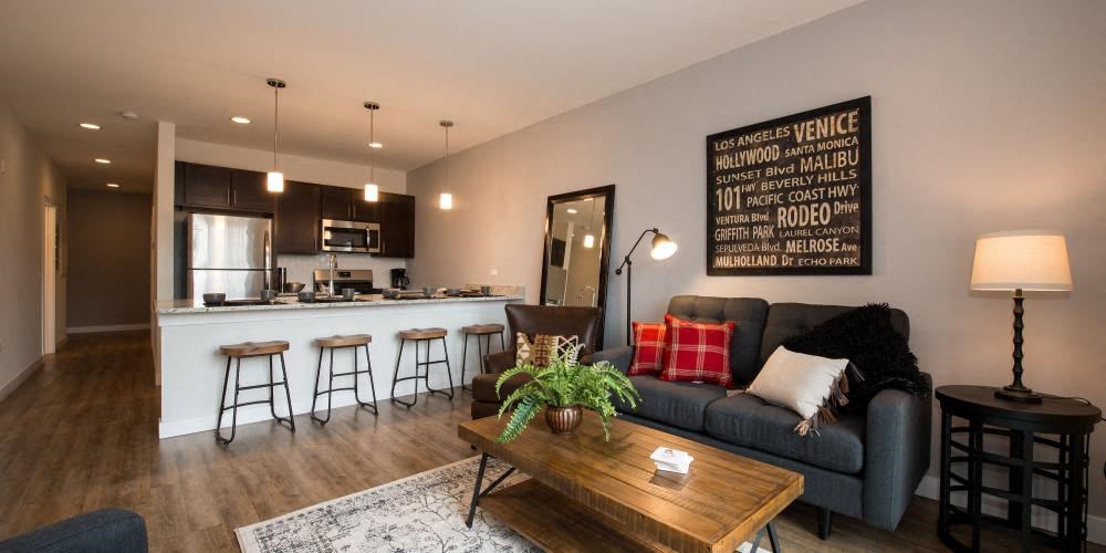 a living room and kitchen with a couch and a table  at Kedzie 4447, Chicago, Illinois