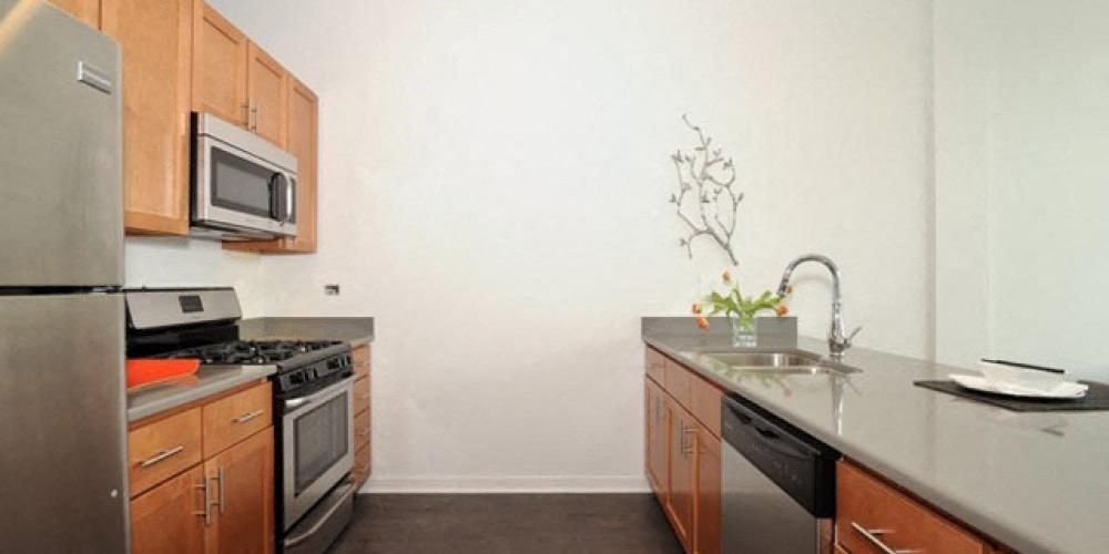 a kitchen with stainless steel appliances and a sink  at Fullerton 1540, Chicago