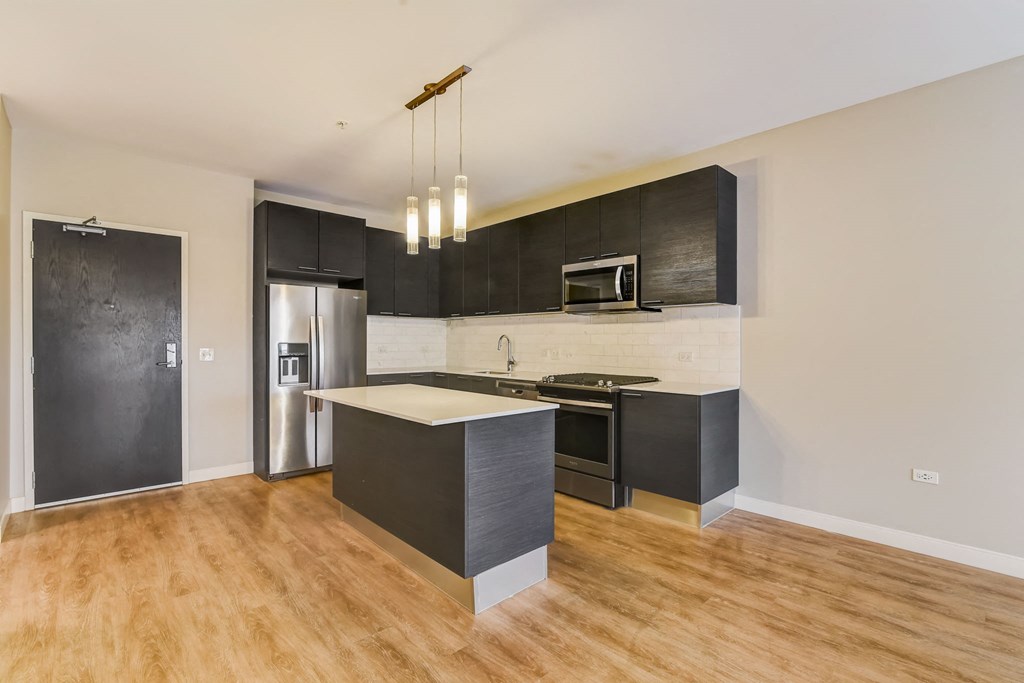 a renovated kitchen with black cabinets and a stainless steel refrigerator at Clarendon Hills 229, Clarendon, 60514