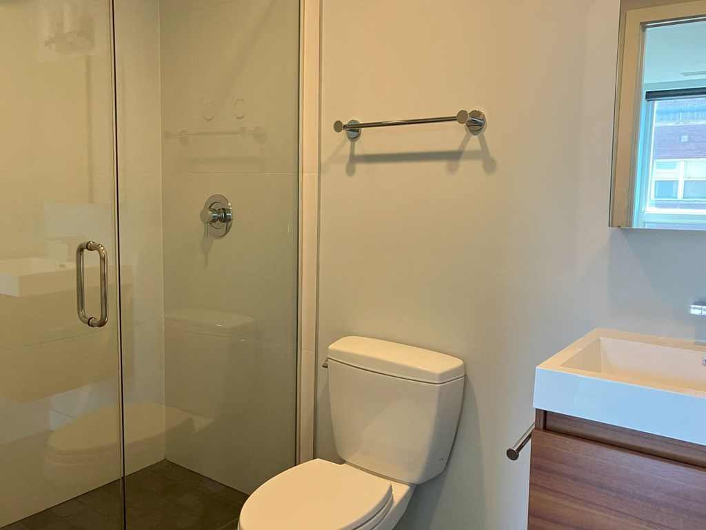 a bathroom with a shower and a toilet and a sink