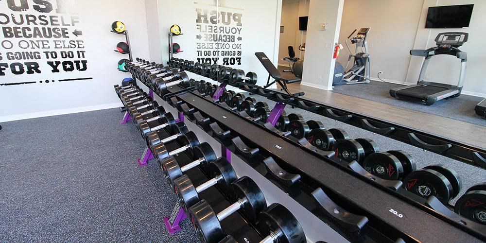 a long row of dumbbells in a gym  at Fullerton 1540, Chicago, IL, 60614