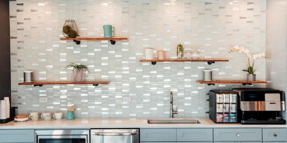 a kitchen with shelves on the wall at Barrington 101, Barrington, 60010