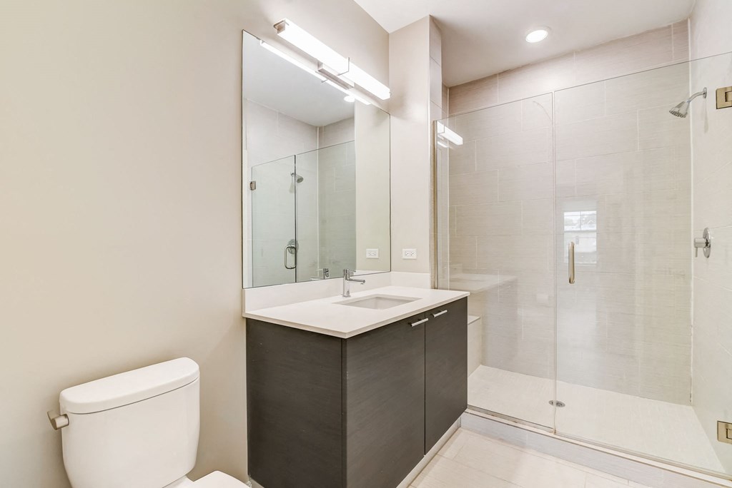 a bathroom with a toilet sink and a shower at Clarendon Hills 229, Clarendon, 60514