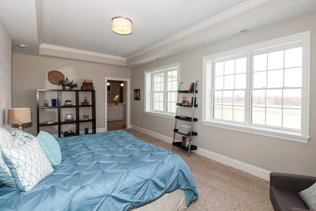 a bedroom with a bed and two windows