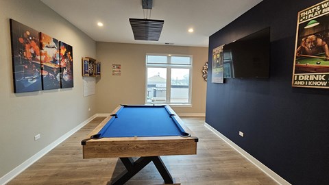 a game room with a pool table and a tv