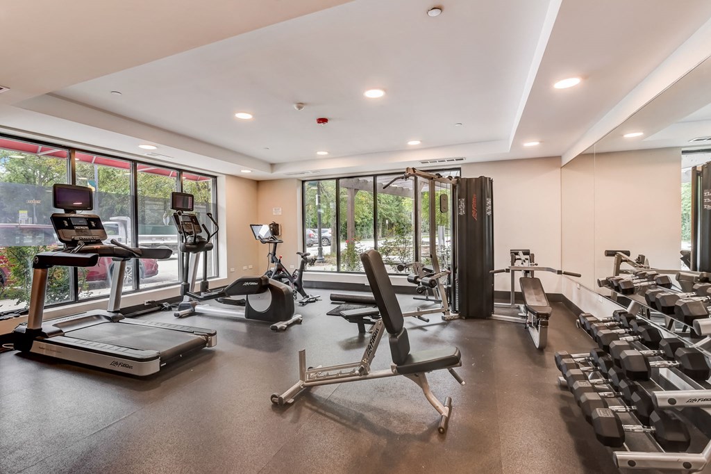 a gym with weights and cardio equipment and windows at Clarendon Hills 229, Clarendon, IL