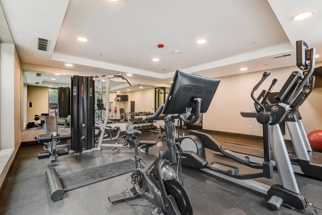 a gym with various machines and weights in a home gym at Clarendon Hills 229, Clarendon, 60514