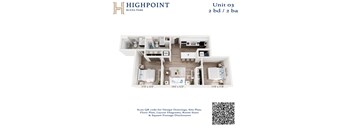 A floor plan for a 2 bedroom, 2 bathroom apartment at Highpoint Buena Park.