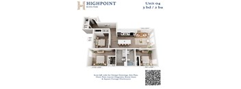 A floor plan for a 3 bedroom, 2 bathroom apartment at Highpoint Buena Park.