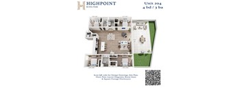 A floor plan for Unit 204 at Highpoint Buena Park shows a 4 bedroom, 3 bathroom apartment layout.