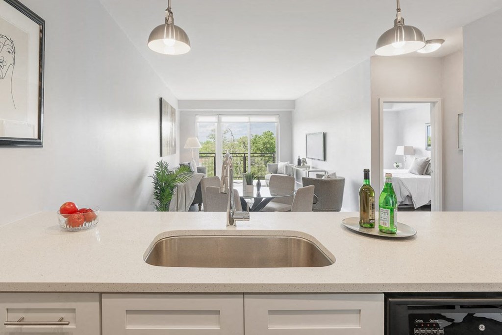 a kitchen with a sink and a view of a living room at Barrington 101, Barrington, IL 60010