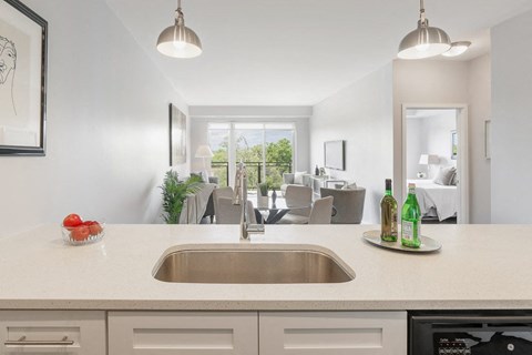 a kitchen with a sink and a view of a living room at Barrington 101, Barrington, IL 60010