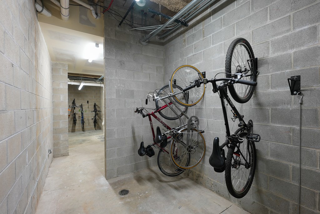 a basement room with two bikes hanging on the wall