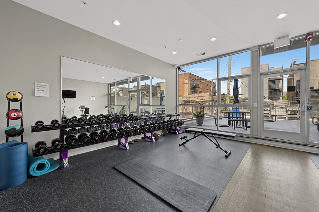 A gym with a variety of equipment including weights and a bench.