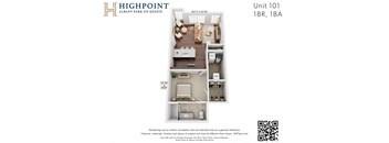 A 3D floor plan of a 1 bedroom apartment in Highpoint Albany Park on Kedzie.