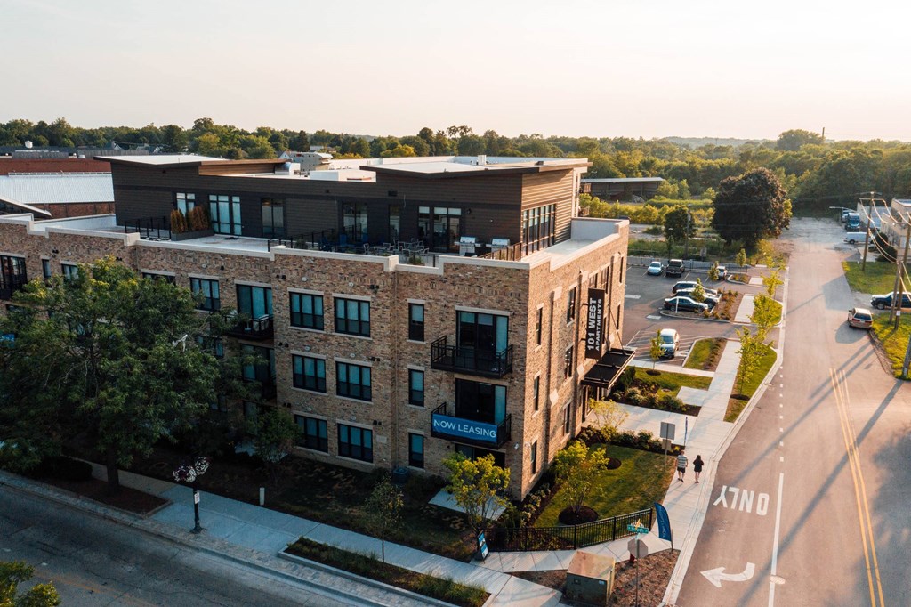an aerial view of a building in a city street at Barrington 101, Illinois