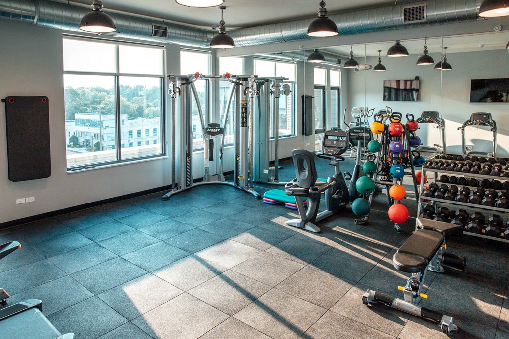 a gym with weights and other exercise equipment and windows at Barrington 101, Barrington, IL