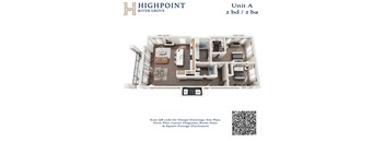 A floor plan for a 2 bedroom, 2 bathroom unit at Highpoint River Grove.
