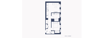 A floor plan of a unit with a bedroom, a living room, a kitchen, and a bathroom.