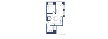 A floor plan of a bedroom with a desk and a chair.