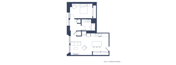 A floor plan of a unit with a bedroom, living room, and kitchen.