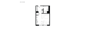A floor plan of a studio apartment with a kitchen, living room, and bathroom.