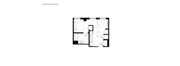 A floor plan of a studio apartment with one bed and a kitchenette.